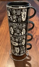 Prima Design Evil Eye Hamsa 4 Mug Set Matte Black Stackable w/ Stand Gift Ready