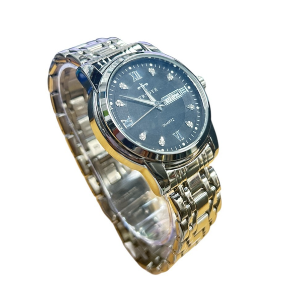 TRSOYE tono plateado cuarzo día-fecha esfera negra pulsera de acero inoxidable reloj de vestir 2