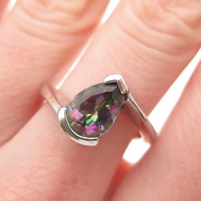 925 Sterling Silver Vintage Real Pear-Cut Mystic Topaz Bypass Ring Size 7.5