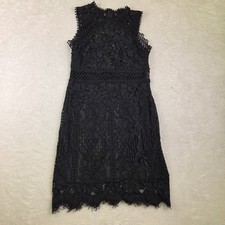 Black Floral Lace Sleeveless Cocktail Dress High Neck Scalloped Hem Small