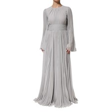 DOLCE & GABBANA Dress Grey Pleated Maxi Long Sleeve Silk Blend Gown IT42/US8/M