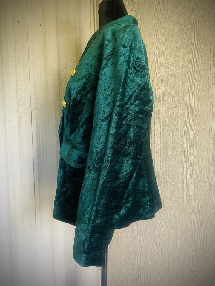 Blazer de lujo de terciopelo verde bosque de CHICO'S chaqueta corta de terciopelo botón dorado talla 2 L Foto 4 de 4