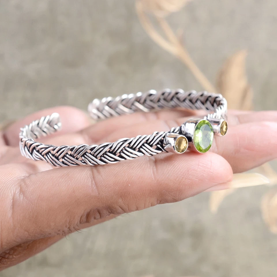 Green Peridot Cut,Citrine Topaz Gemstone Cuff 925 Sterling Silver New Art Bangle - Image 4 of 4