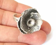 Flower silver ring blank base bezel settings cabochon Mountings Adjustable brass