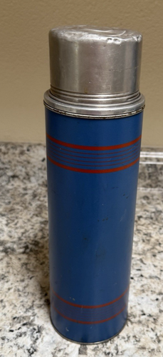 Vtg Blue Keapsit The American Thermos Vacuum Bottle B2433 Metal w/Cork Stopper