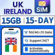 JetSIM UK Travel SIM Card / Ireland SIM Card 15GB High-Speed Data (15 Days)