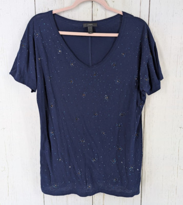 J Crew Size Large Womens  Blue Rhinestone Short Sleeve Cotton Top
