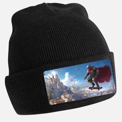 Black Beanie Hat with Cool Knight Motif - Unisex Cap, Cotton