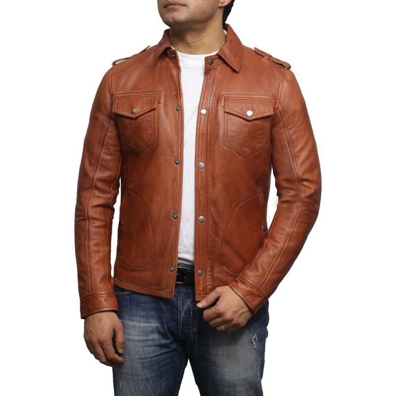 Jacket Leather Biker Motorcycle Mens Coat Vintage Bomber Lambskin Slim Tan 121-image