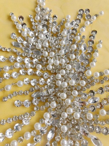 1X Beaded Applique Motif Sequin Faux Pearl Rhinestone Flower Wedding Bridal Trim - Photo 7/15