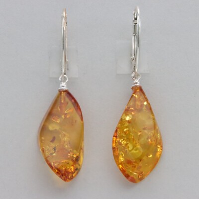 Natural Cognac / Brown BALTIC AMBER Leverback Earrings 925 STERLING SILVER 4581e