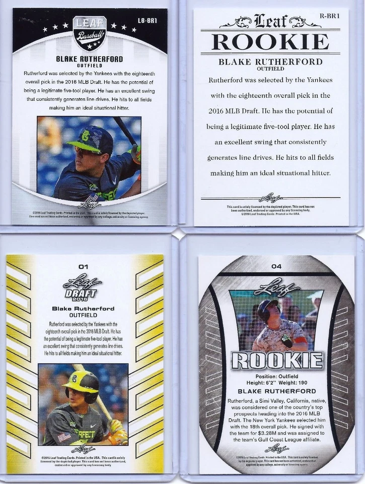 (4) BLAKE RUTHERFORD 2016 LEAF DRAFT 4 CARD ROOKIE LOT! NEW YORK YANKEES - Image 2 of 4