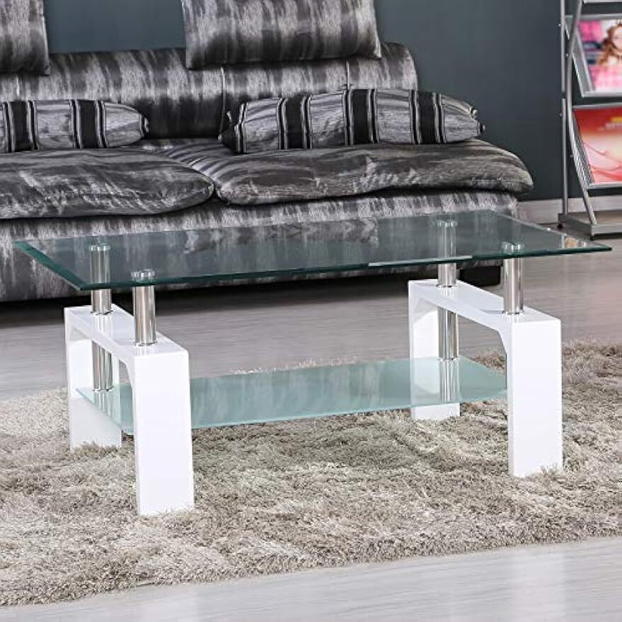 Rectangle Glass Coffee Table-White Modern Side Coffee Table Lower Shelf Metal