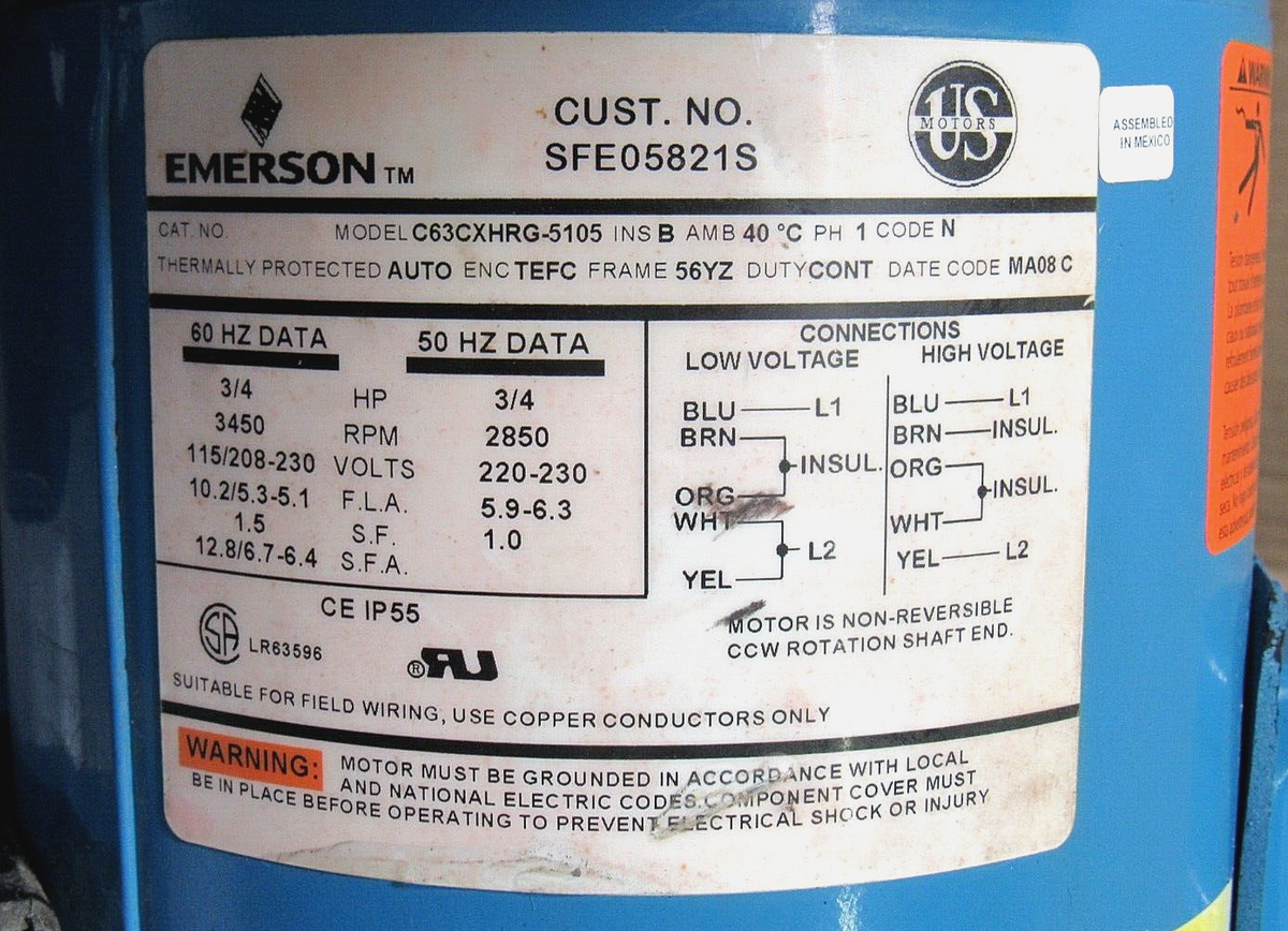 EMERSON PUMP MOTOR SFE05821S C63CXHRG-5105 56YZ 1PH 3/4 HP EMERSON PUMP MOTOR SFE05821S C63CXHRG-5105 56YZ 1PH 3/4 HP