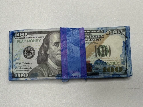 $2000 Banded Ink Damaged Play Money $100 x 20 Play Cash Prop Movie Art