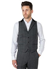 Mens Vintage Tweed Check Herringbone Oak Brown Grey Tailored Fit Retro Waistcoat