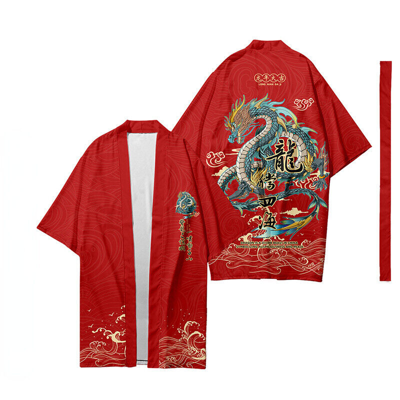 1X albornoz largo para hombre dragón kimono yukata cárdigan con cinturón delantero abierto