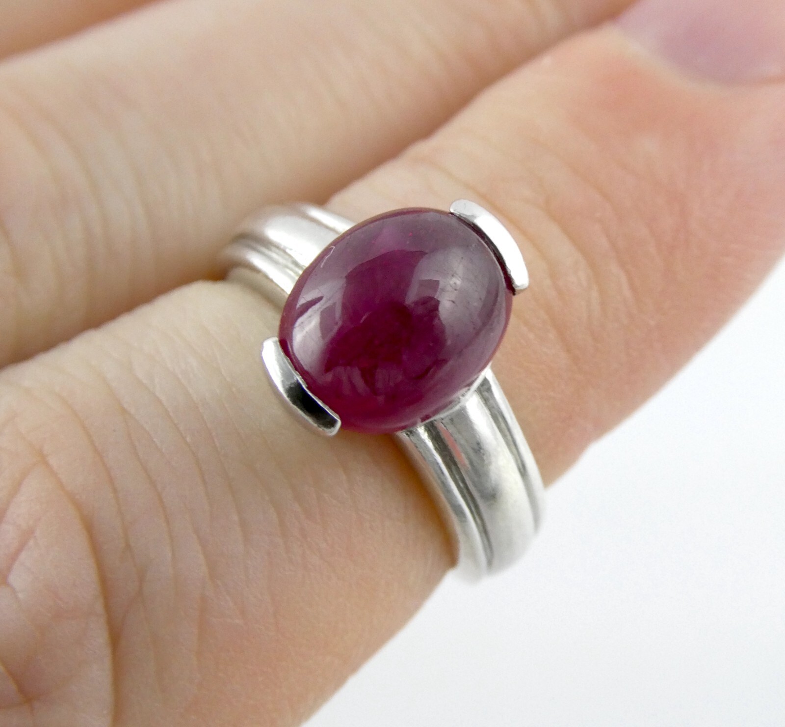 Sterling Silver Lab Created Star Ruby Cabochon Ri… - image 1