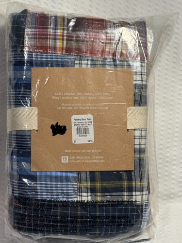 Pottery Barn Teen Madras Regatta Patchwork Sham Standard COTTON Blue Maroon NIP - Picture 2 of 9
