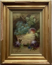 Quadro a Olio Natura Morta Antico con Fiori Uva Frutta Autografato Circa 1900