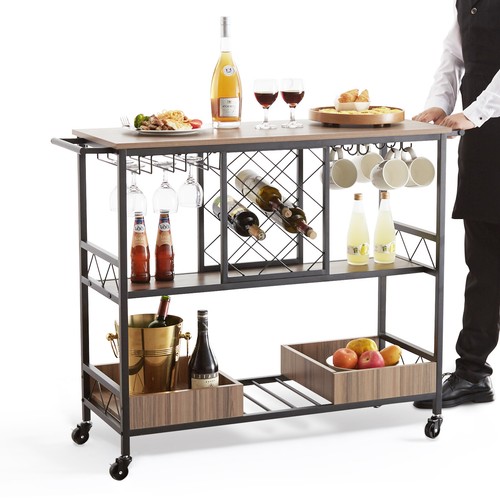 VEVOR 3-Tier Bar Serving Cart Rolling Trolley with Wine Grid Glass Holder 300LBS - Picture 9 of 12