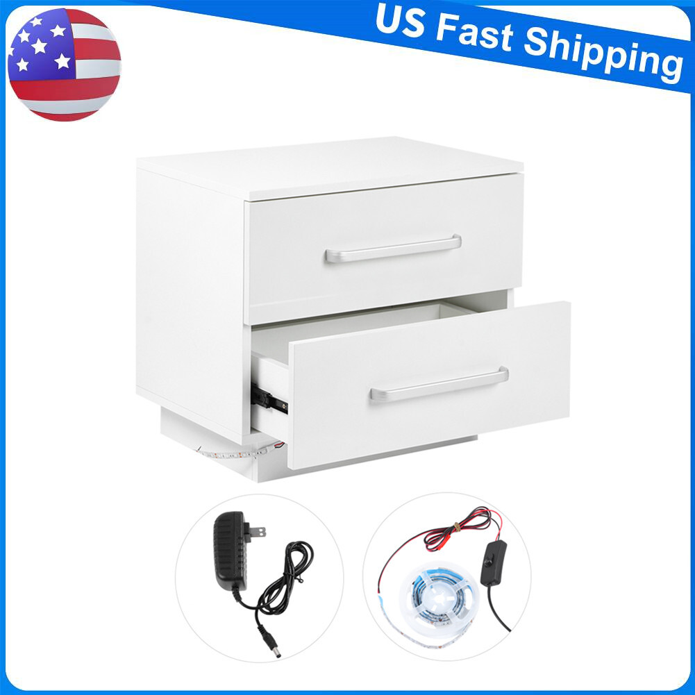 Modern Stylish 2 Drawers Bedside Cabinet LED Blue Light High Gloss Front Panel