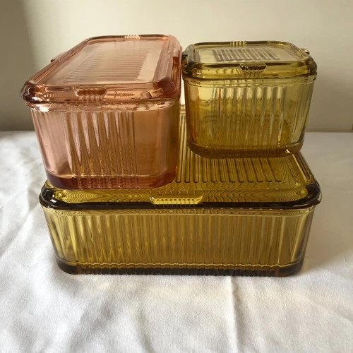 3 Vintage Federal Glass Ribbed Refrigerator Dishes 30'- 40's Collectable
