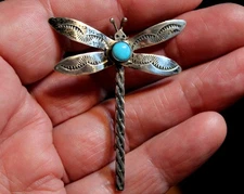 Beautiful Old Navajo Handmade Sterling Silver & Turquoise DRAGONFLY Brooch Pin