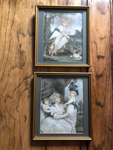 Mounted Framed Old Prints X 2 Muted Colours Gold Frame  7.5” X 8.5”