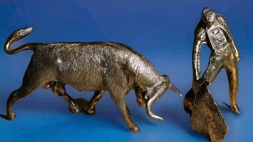 1950's Antique Brass Coated Bronze Matador and Bull Bullfighting Sculptures