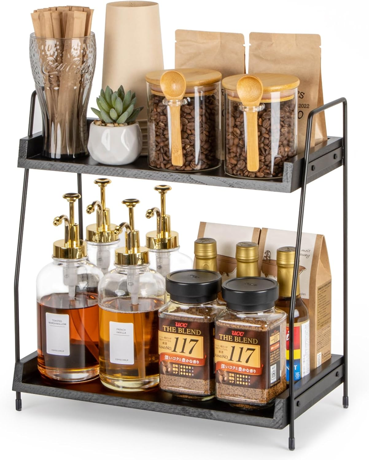 2-Tier Coffee Station Organizer, Wooden Kitchen Counter Shelf - Black