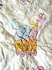 Vintage 1965 Baby Blanket 43x33 Scalloped Edge Satin Trim Pink Blue Animals