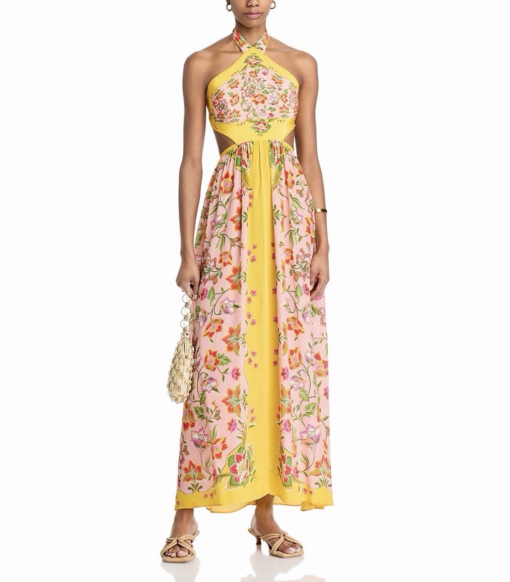 strapless open back dress Coral Pink Floral Print Silk Scarf Maxi Dress main image 1