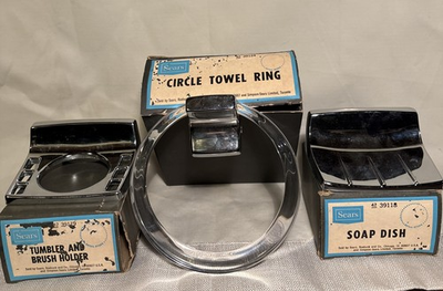 #ad Original Vintage Sears And Roebuck MCM Metal Chrome Accessories Set Boxes 1960s $115.00