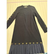 Tory Burch Rib Knit Grommet Pleated Sweater Dress Navy S