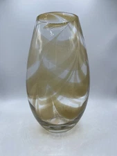 Vintage Studio Art Glass pulled feather brown clear tall 11.5" vase 