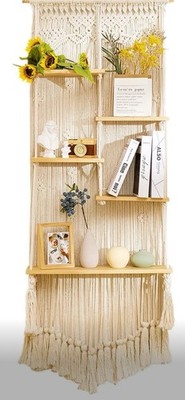 Macrame Wall Hanging Shelf Boho Wall Decor Home 2 Tier Hanger Shelves Braided...