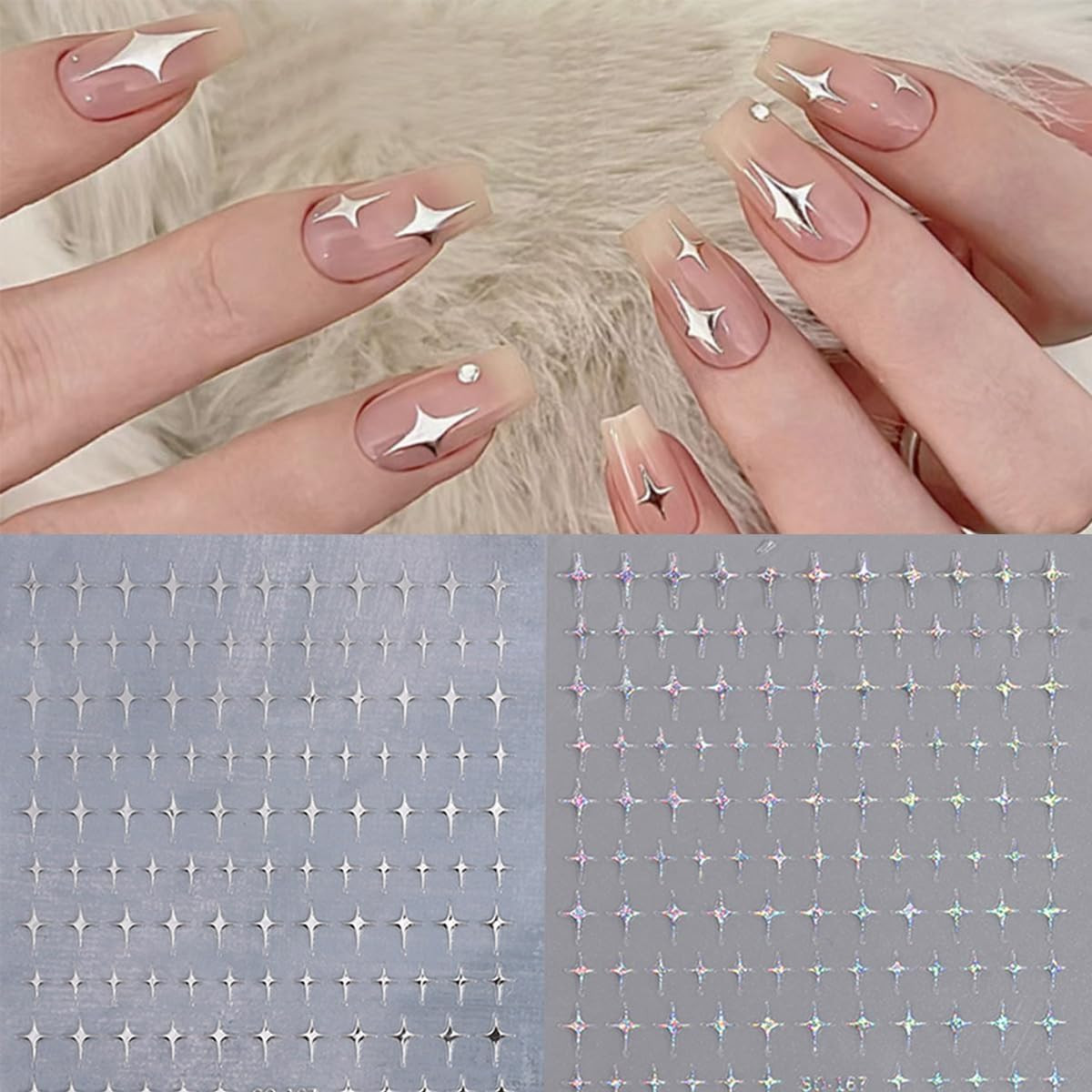 6 Sheets 3D Star Nail Stickers White Black Silver Gold Self Adhesive Nail Decals