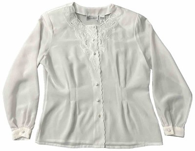 Vintage 90s Christie & Jill Womens 12 Ivory Satin Button Up Blouse Embroidery