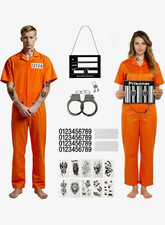 Orange Convict Prisoner Inmate Jumpsuit Costume Set w/ Handcuffs Mugshot Board