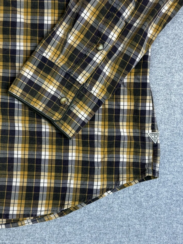 Guess Shirt Mens Medium Yellow Black Plaid Western Pearl Snap Yoke Long Sleeve - Image 4 of 4