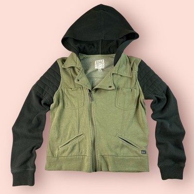 Billabong Jacket Women's Sz Medium Green Black Full Zip Hoodie Moto Side Zip