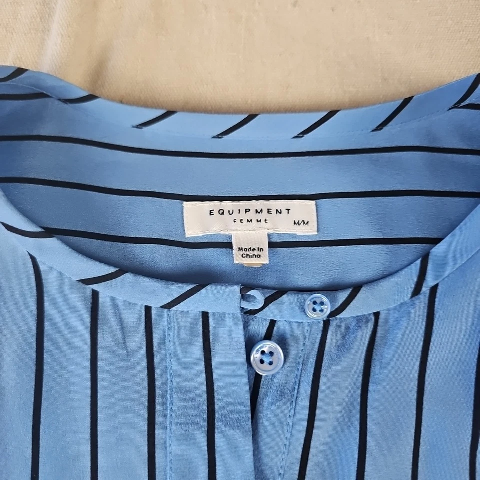 Blusa Top Equipment Mujer Mediana Azul Rayas 100% Seda Manga Larga Foto 4 de 4
