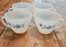 Fire King Bonnie Blue Flower Carnation Vintage Milk Glass Coffee Cups Set/4 VTG