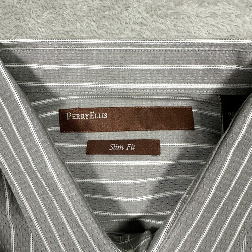 Perry Ellis Men’s Large Shirt Slim Fit Gray Striped Lycra Long Sleeve NWT New - Picture 16 of 22