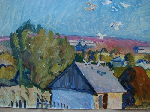 Ukrainian Soviet Oil Painting impressionism village house sky birds rooftops - 第 2/5 張圖片