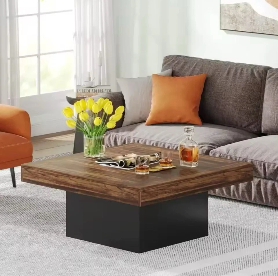 Wood Top Marble Bottom Rustic Coffee Table with LED Lights For Living Room - Image 3 of 4
