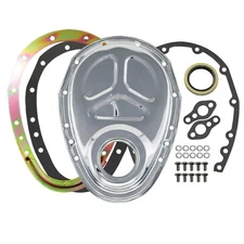 SB Chevy Chrome Steel 2-Piece Timing Cover Kit Reinforced SBC 305 327 350 383