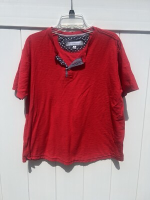 Paper Denim Cloth Womens Large Short Sleeve Henley T Shirt Boxy Red