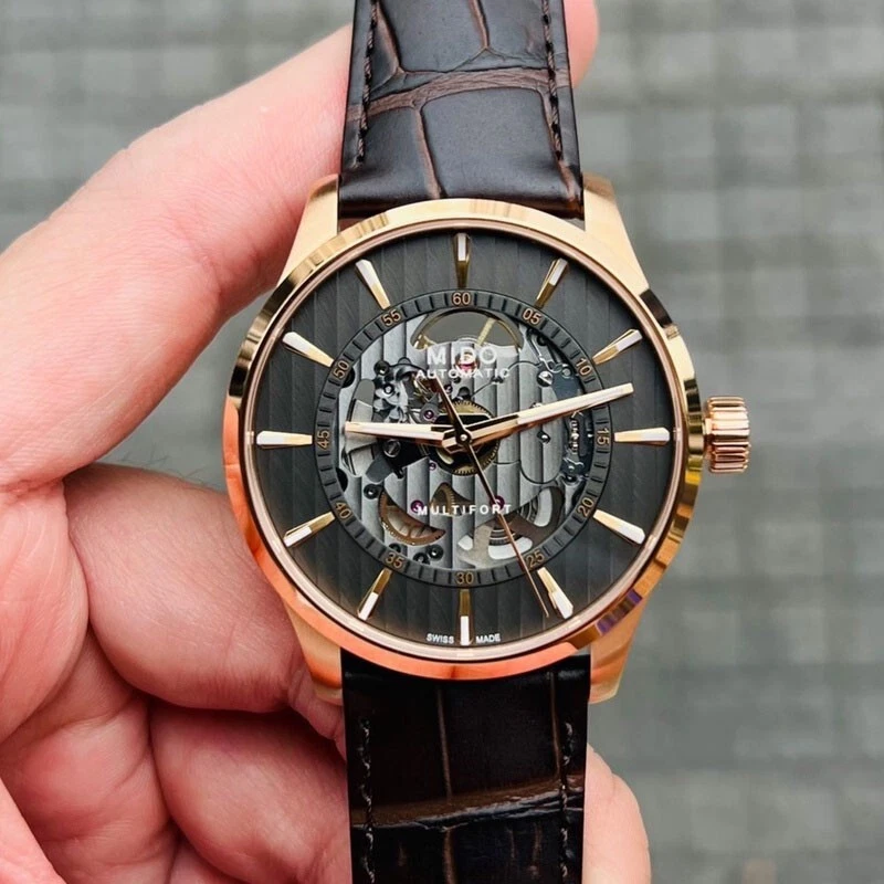 New Mido Multifort Skeleton Vertigo Rose Gold Mens Watch 
